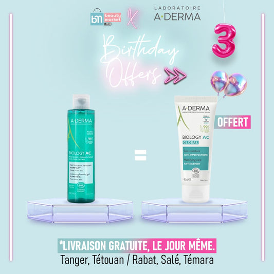 A-DERMA BIOLOGY AC GEL MOUSSANT PURIFIANT 200 ml = SOIN ANTI-IMPERFECTIONS 40 ML OFFERT